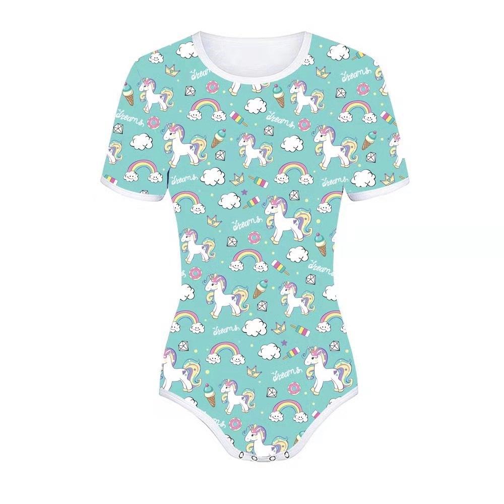 DDLG Trưởng Thành Bodysuit Tã Người Yêu Nữ Tay Ngắn Ốp Đáy Quần Người Lớn Onesie Liền Quần Romper Áo Liền Quần Với In Hình Kỳ Lân Cho Người Lớn Bé Trai
