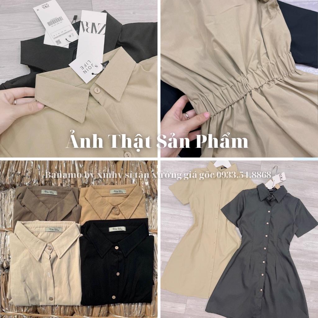 Đầm váy nữ basic cổ sơ mi cài cúc chiết eo lưng chun nhiều màu thời trang Banamo fashion váy nữ cộc tay nhiều màu 5915