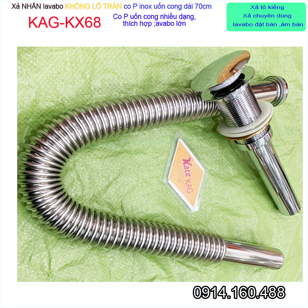 Bộ xả nước chậu rửa mặt KAG-KX68 không lỗ tràn, Xả lavabo kiếng ấn tay ống thải co P inox mềm có thể uốn bẻ chuyên dùng cho lavabo tủ