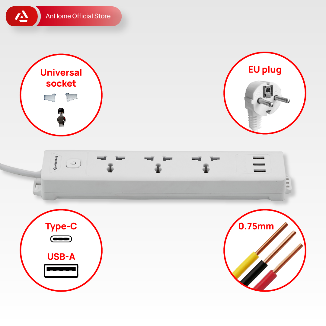 Ổ cắm điện đa năng 2500W AnHome G Series tích hợp USB-TypeC 12W, thiết kế sang trọng, chất liệu chống cháy lan