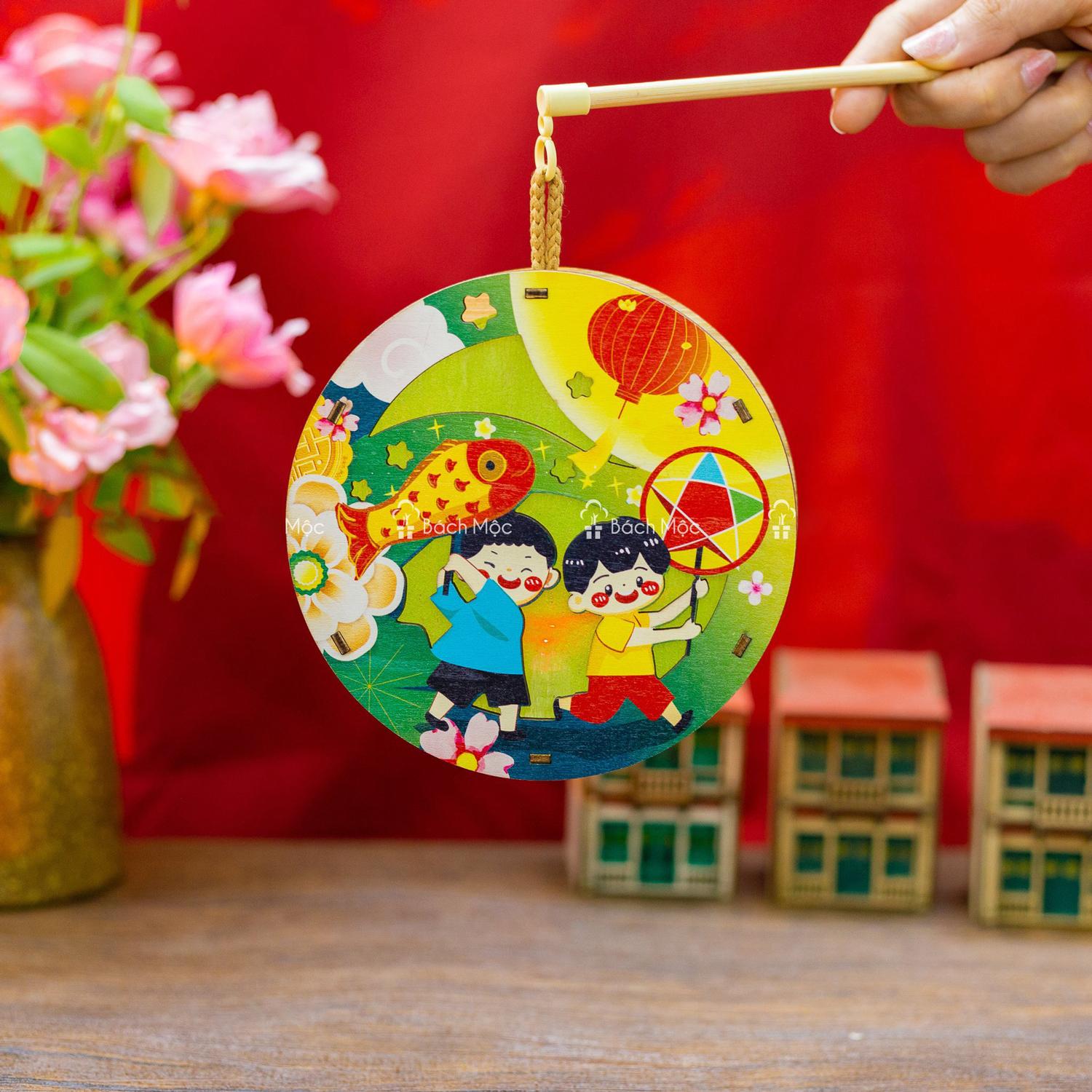 Lồng Đèn Trung Thu Gỗ 2 Mặt Màu - Bách Mộc - Rước Đèn Tròn