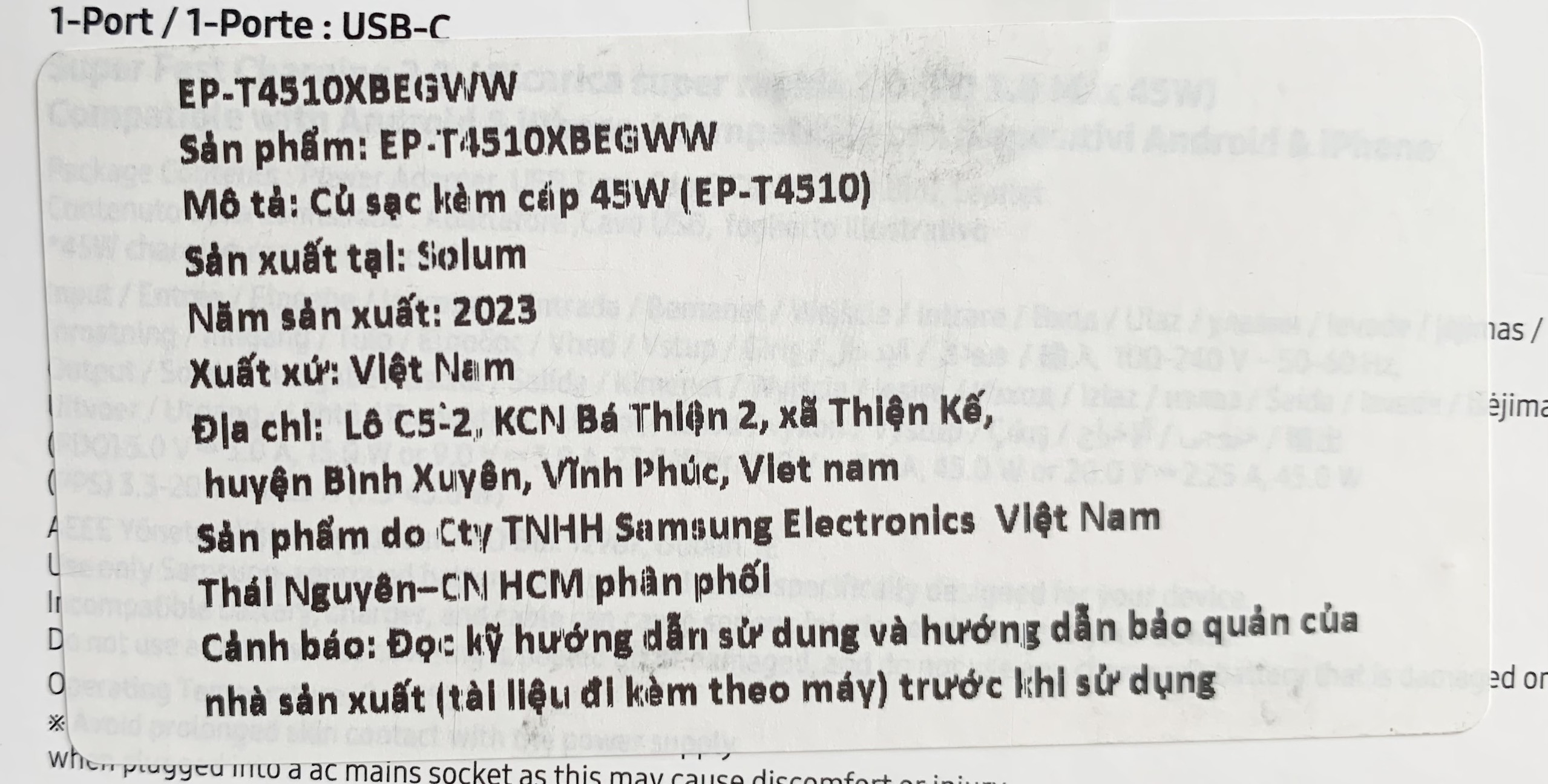 Bộ sạc Samsung 45W (Kèm cáp C-C 5A, 1.8m) (EP-T4510) - Hàng Chính Hãng