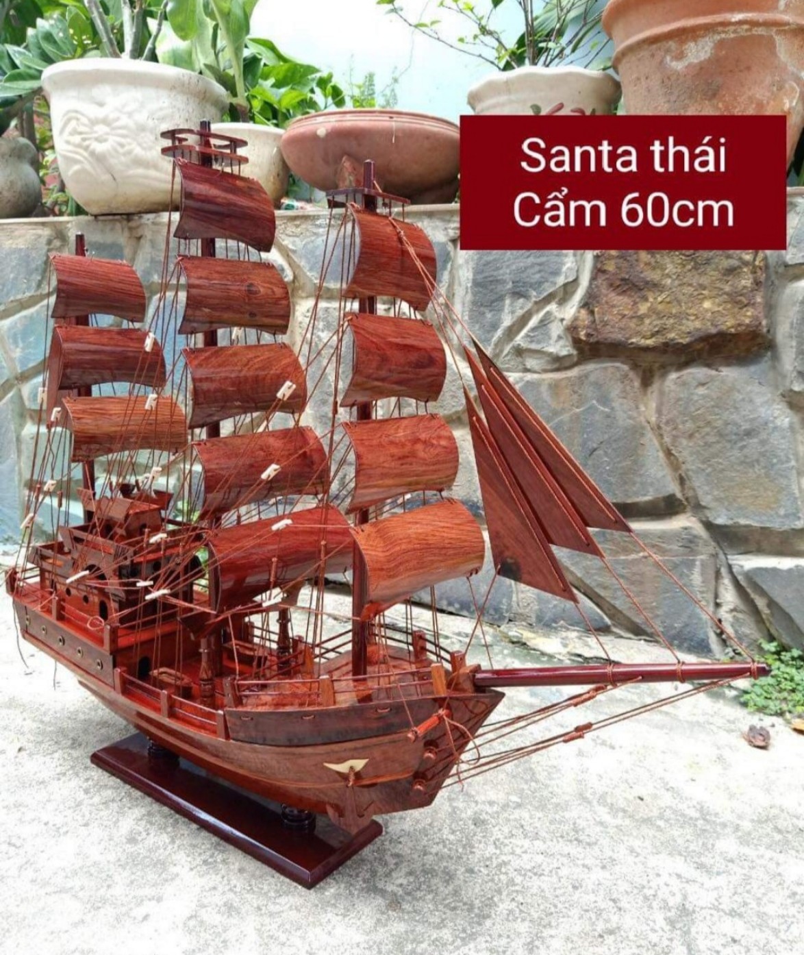 Thuyền Santa thái gỗ cẩm ngang 60 cm _Thuyền buồm chiến cổ
