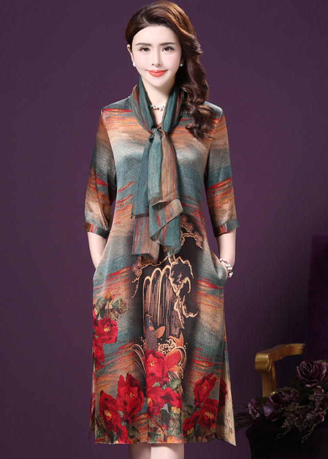 Đầm suông trung niên kiểu đầm suông in họa tiết đẹp phối khăn bigsize GOTI1521295
