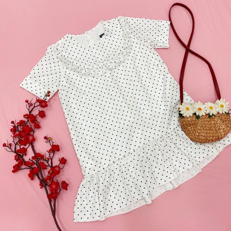 Đầm Suông Ngắn Trắng Bi Cổ Bèo