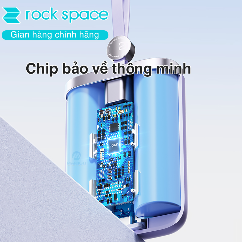 Pin dự phòng mini tích hợp dây sạc Rockspace Powersack 10000mAh sạc nhanh 22.5w hàng chính hãng có bảo hành