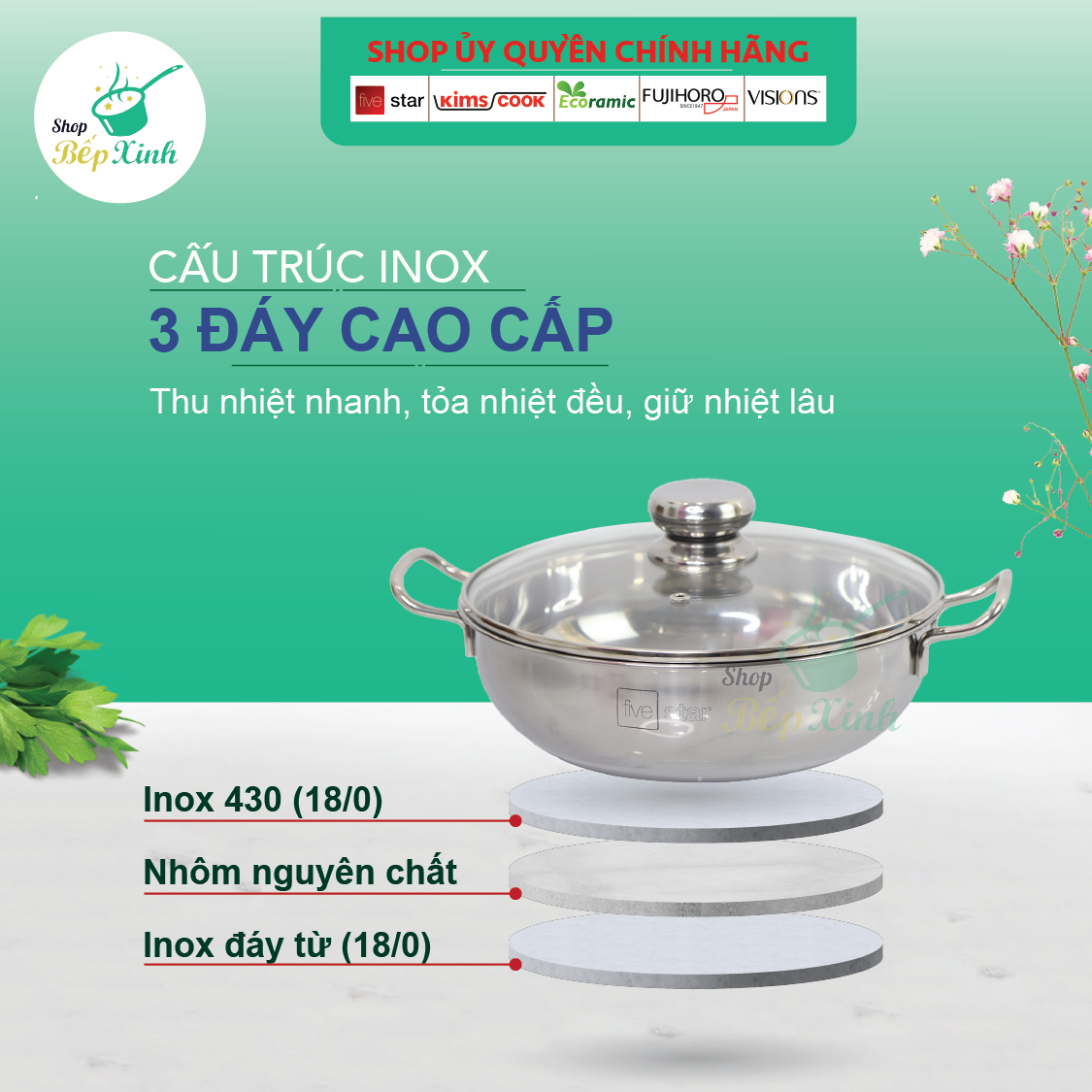 Nồi lẩu 3 đáy inox 430 Fivestar sử dụng bếp từ nắp kính tặng 2 vá canh