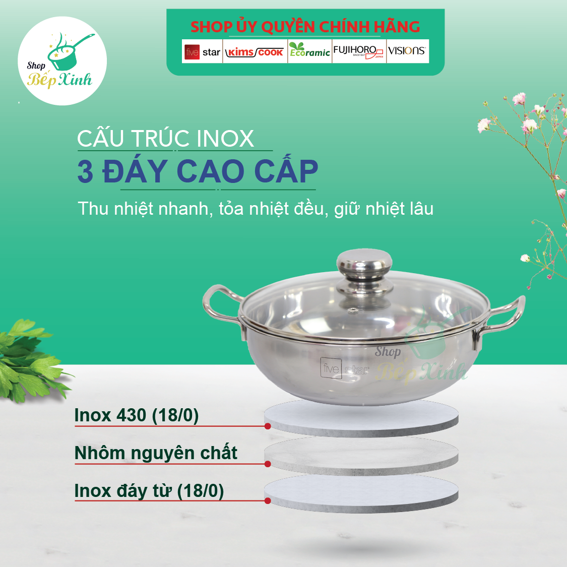 Nồi lẩu 3 đáy inox 430 Fivestar sử dụng bếp từ nắp kính tặng 2 vá canh ( 24cm / 26cm / 28cm )