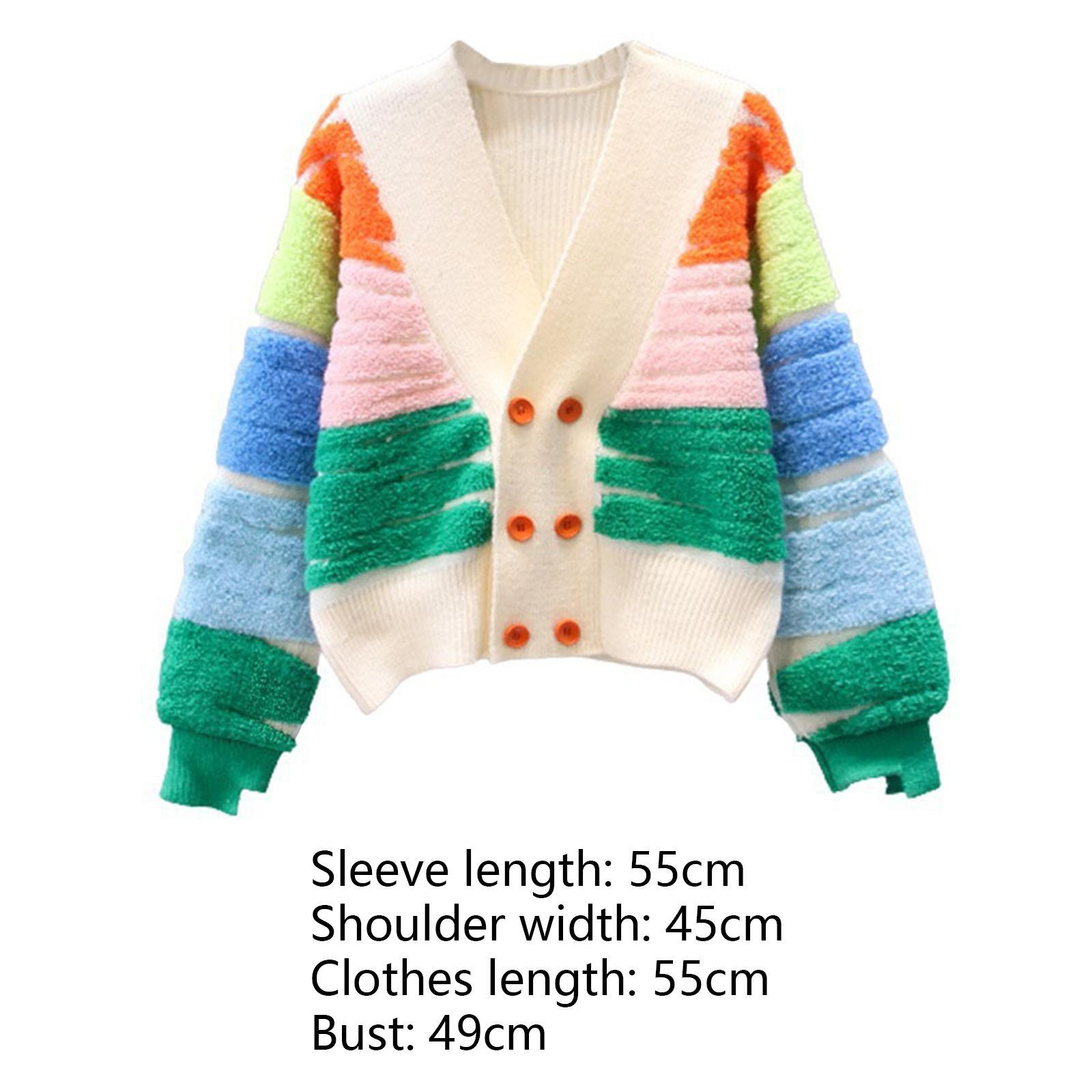 Rainbow Striped Cardigan Sweater Double Breasted Sweater Jacket Coat Button Autumn Clothing Daily Wear Long Sleeve Knit Sweater