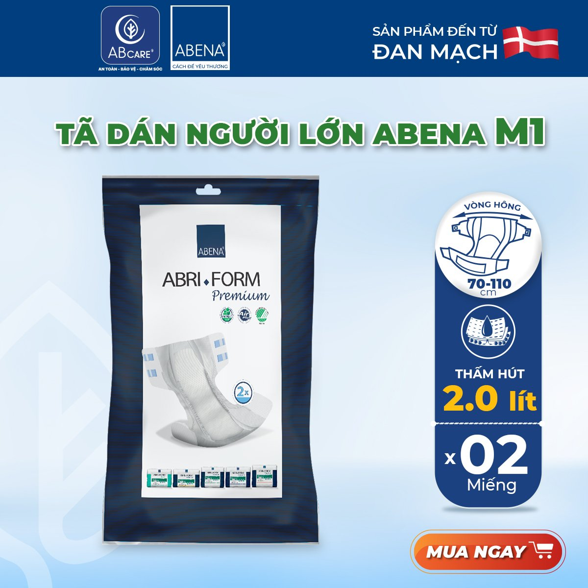 [Thấm hút 2000-2500ml] Tã dán người lớn, người già, sau sinh ABENA ABRI FORM PREMIUM nhập khẩu Đan Mạch (2 miếng)