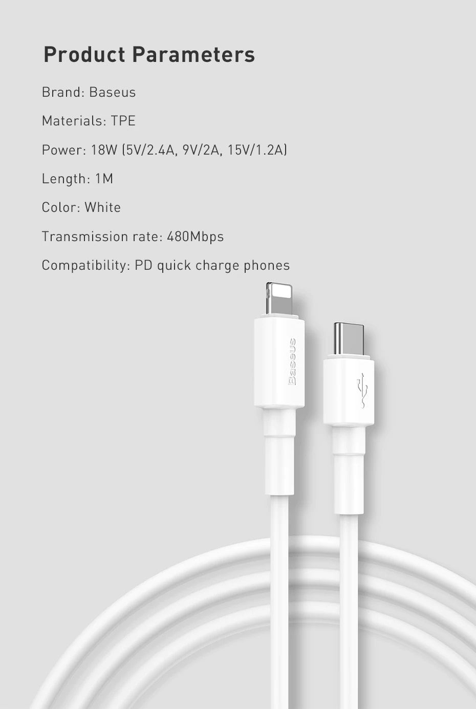 Cable Type-C to Lighting PD 18W Baseus Mini White - Hàng chính hãng