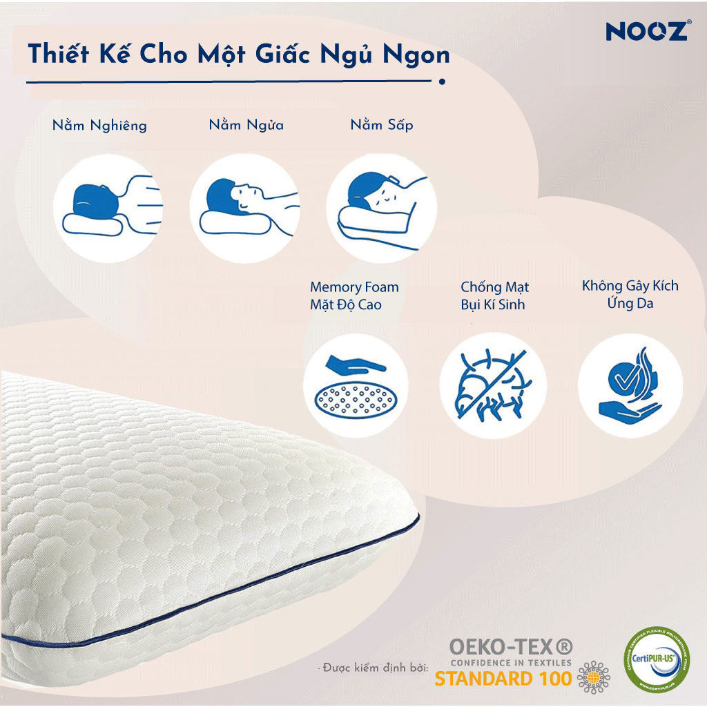 Gối Ngủ Memory Foam NOOZ Ruột Gối Cao Su Non Giúp Nâng Đỡ Đốt Sống Cổ Chống Đau Vai Gáy Ngủ Sâu Hỗ Trợ Chống Trào Ngược Phù Hợp Với Mọi Tư Thế Nằm Vỏ Gối Tencel