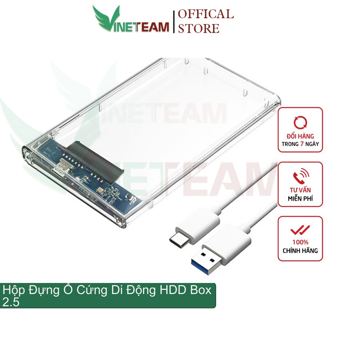 Hộp Đựng Ổ Cứng Di Động HDD Box 2.5 VINETTEAM USB TYPE C Nhựa Trong Suốt Tốc Độ 5gbs - Hàng Chính Hãng