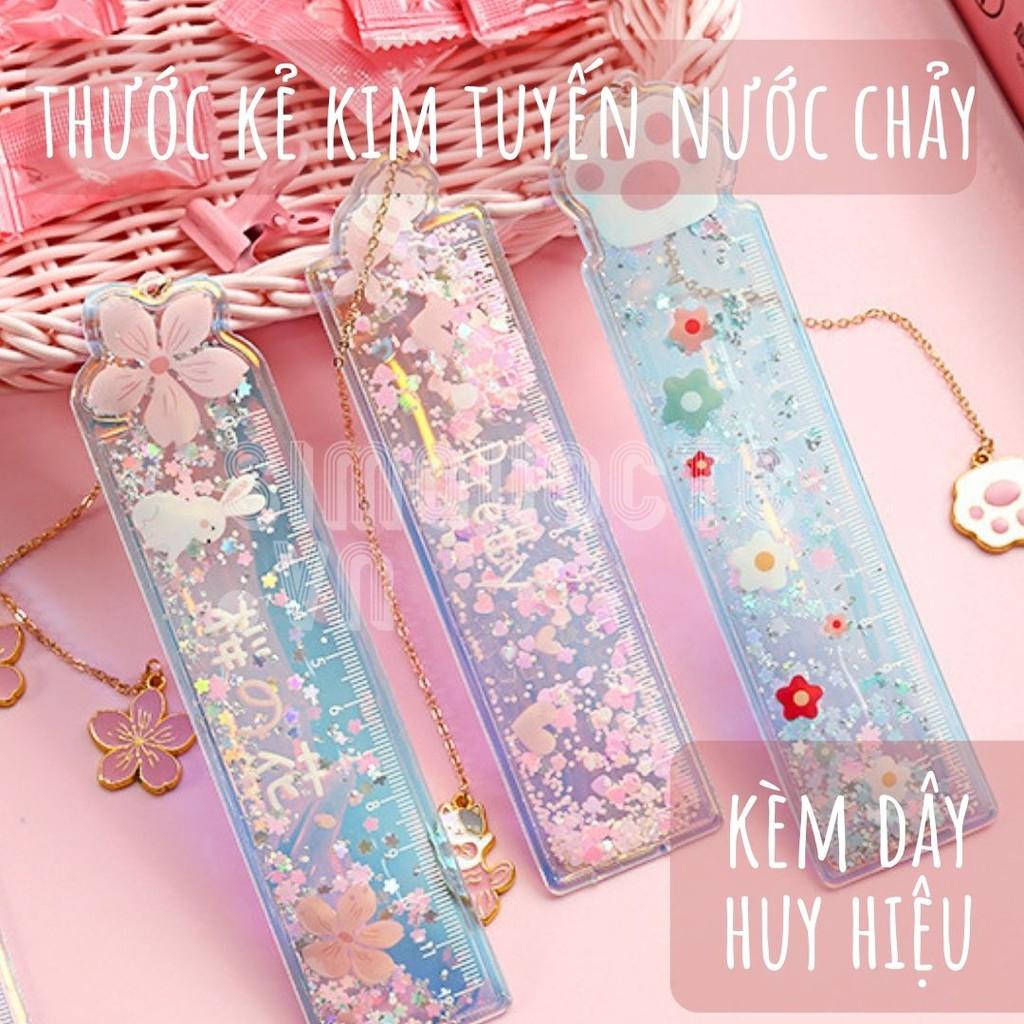 Thước kẻ Hàn Quốc hoạ tiết hạt kim tuyến lấp lánh chuyển động kèm dây huy hiệu đáng yêu