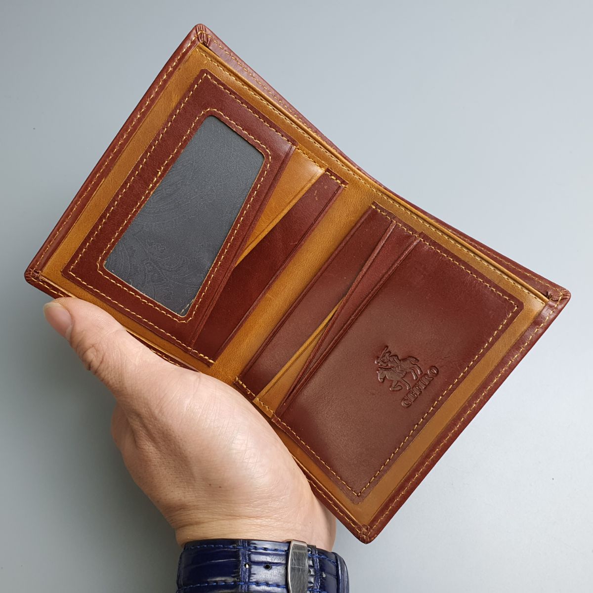 Ví nam da thật, Ví đứng phối màu da Pullup WS103 - 100% da bò thật, BH 3 năm