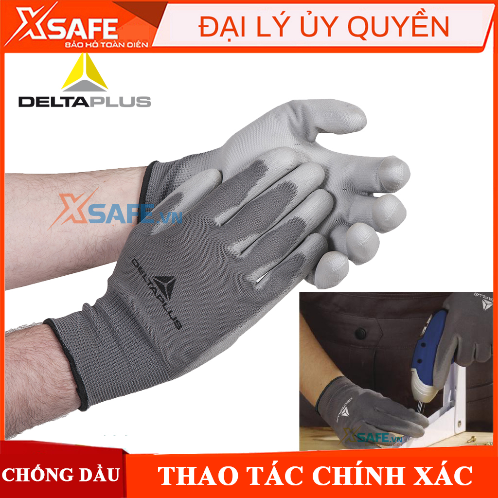 Găng tay chống dầu Deltaplus VE702PG - Găng tay phủ PU tăng độ bám, linh hoạt cao, bao tay bảo hộ chuyên dụng - Xsafe