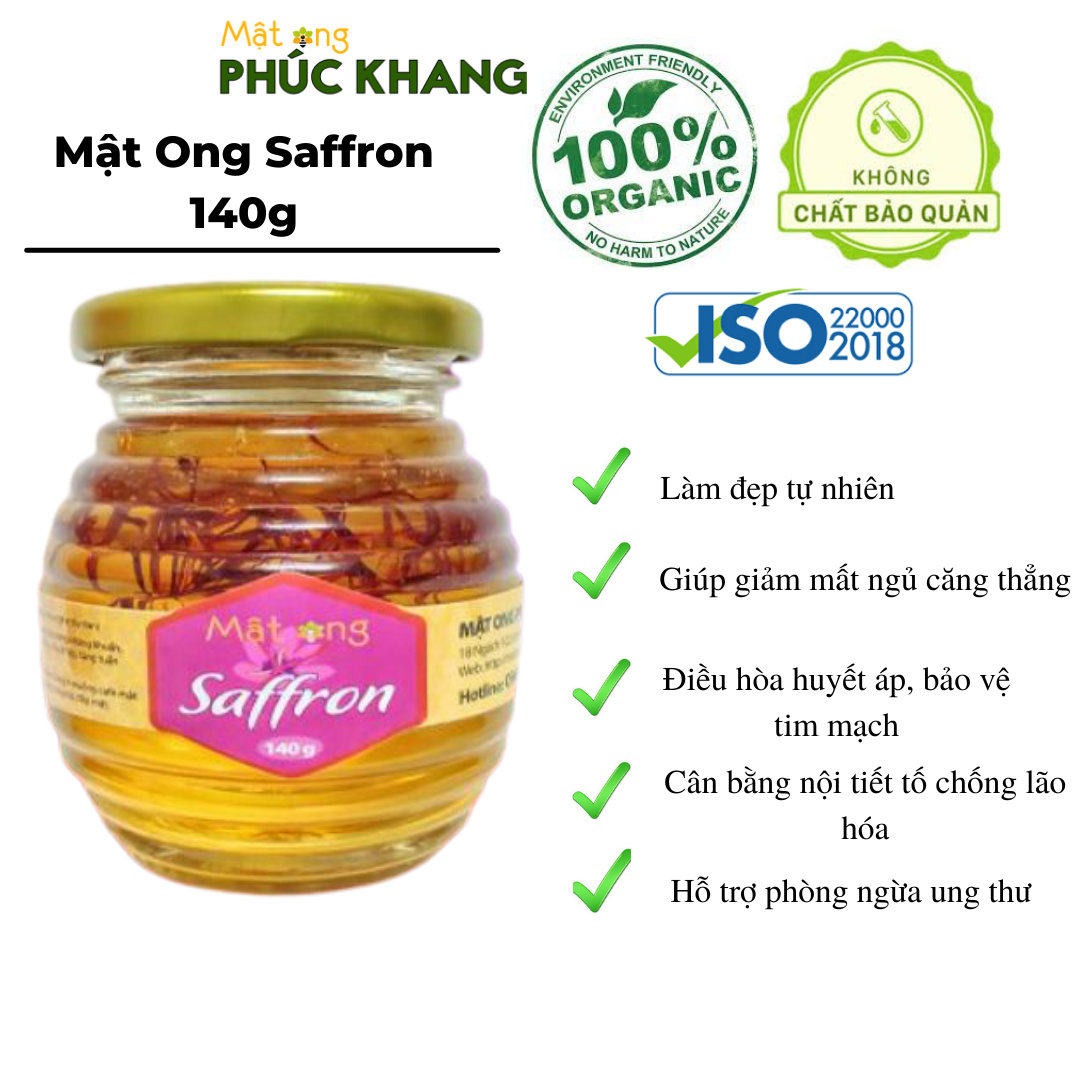 Mật ong Saffron Phúc Khang 140g - Hũ thủy tinh cao cấp - Tiêu chuẩn chất lượng ISO 22000 - Ngăn ngừa lão hóa  Cân bằng nội tiết tố - giảm căng thẳng - mất ngủ ,Bảo vệ tim mạch - Thảo dược an toàn , Tự nhiên