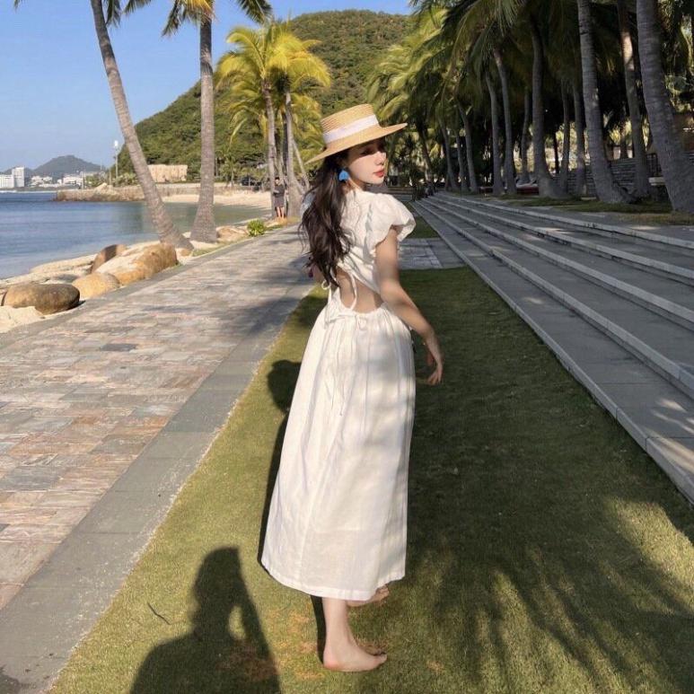Đầm váy maxi lưng dây rút linen full lót lụa tay phồng hở lưng cổ tròn midi trắng đi biển dự tiệc cao cấp size S M L