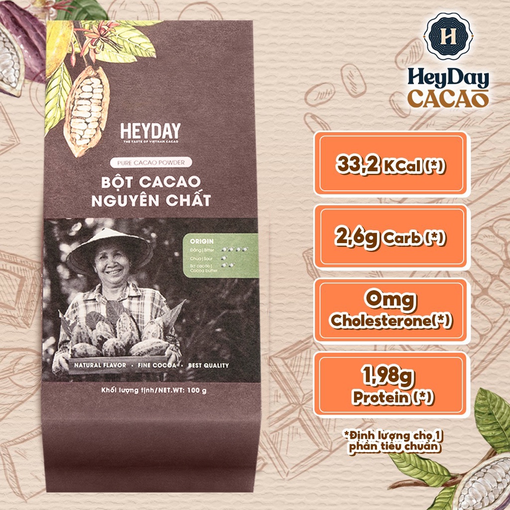 Bột cacao nguyên chất 100% Việt Nam - Dòng Origin thượng hạng túi giấy 250g - Heyday Cacao