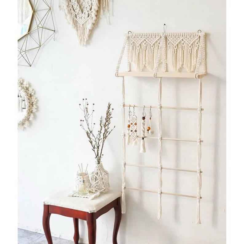 Kệ gỗ trang trí thang dây treo đồ tết macrame