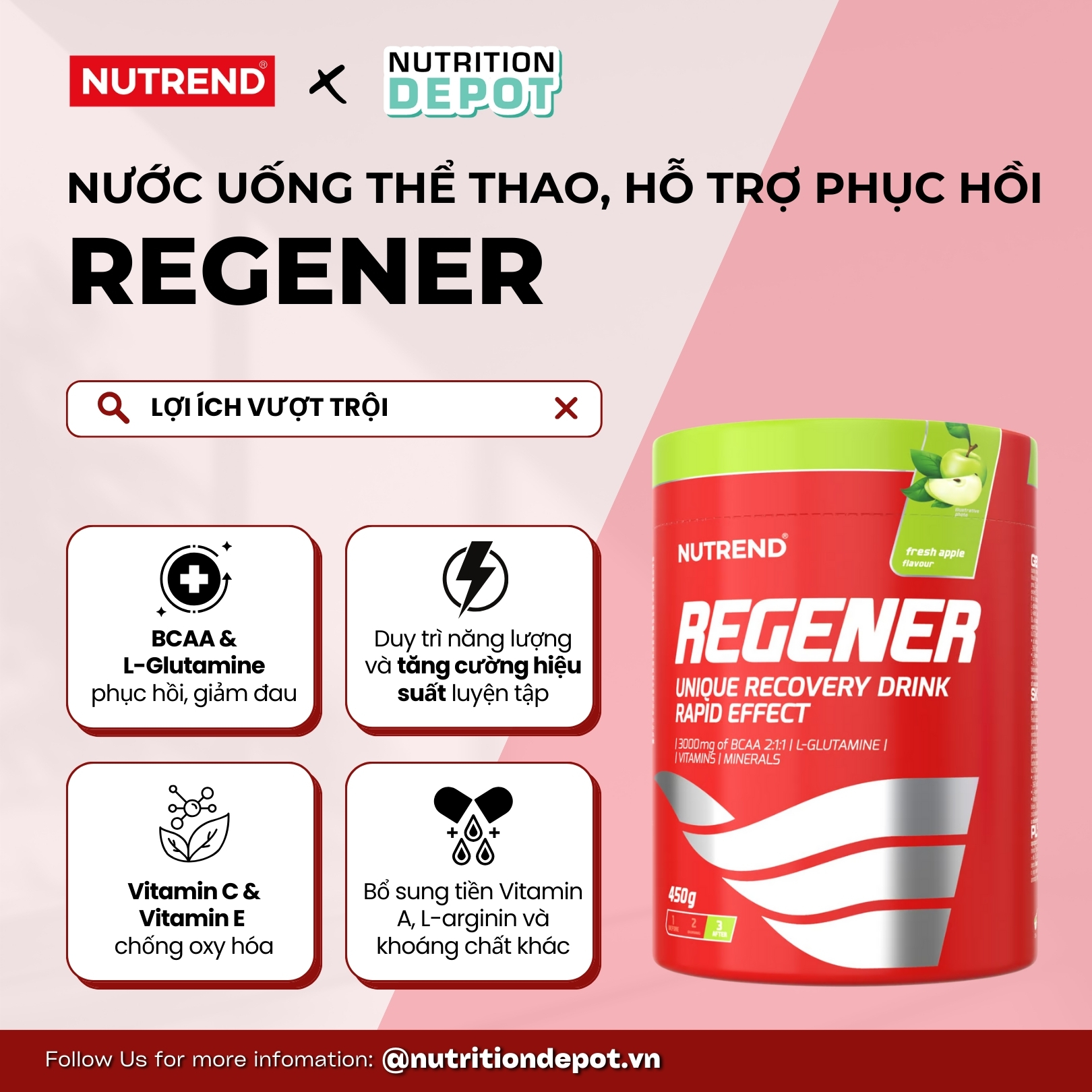 Nước uống thể thao, hỗ trợ phục hồi, hiệu quả tức thì Nutrend Recovery Drink REGENER (Dạng bột 450g) vị Táo - Nutrition Depot Vietnam