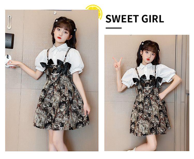 SHUANGYAN Cô gái lớn bé mùa hè phù hợp 2023 tây ăn mặc lưới đỏ trên đầu gối Vintage trẻ em váy ngọt ngào hai mảnh thiết lập