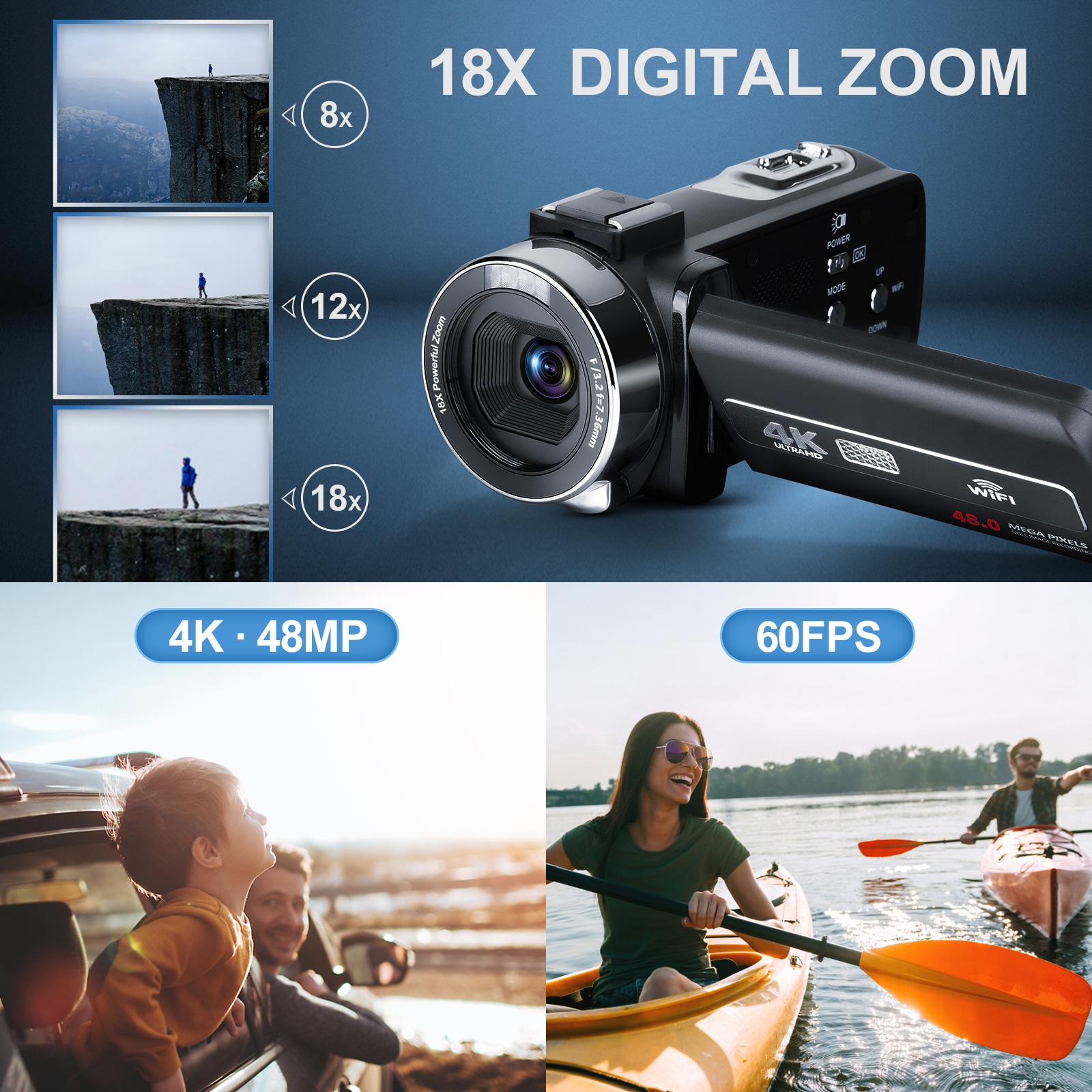 Máy quay phim G-Anica 4K Quay video 60fps/48MP UHD Máy ảnh kỹ thuật số Lấy nét tự động, Máy ảnh zoom kỹ thuật số 18X, Màn hình 3 inch
