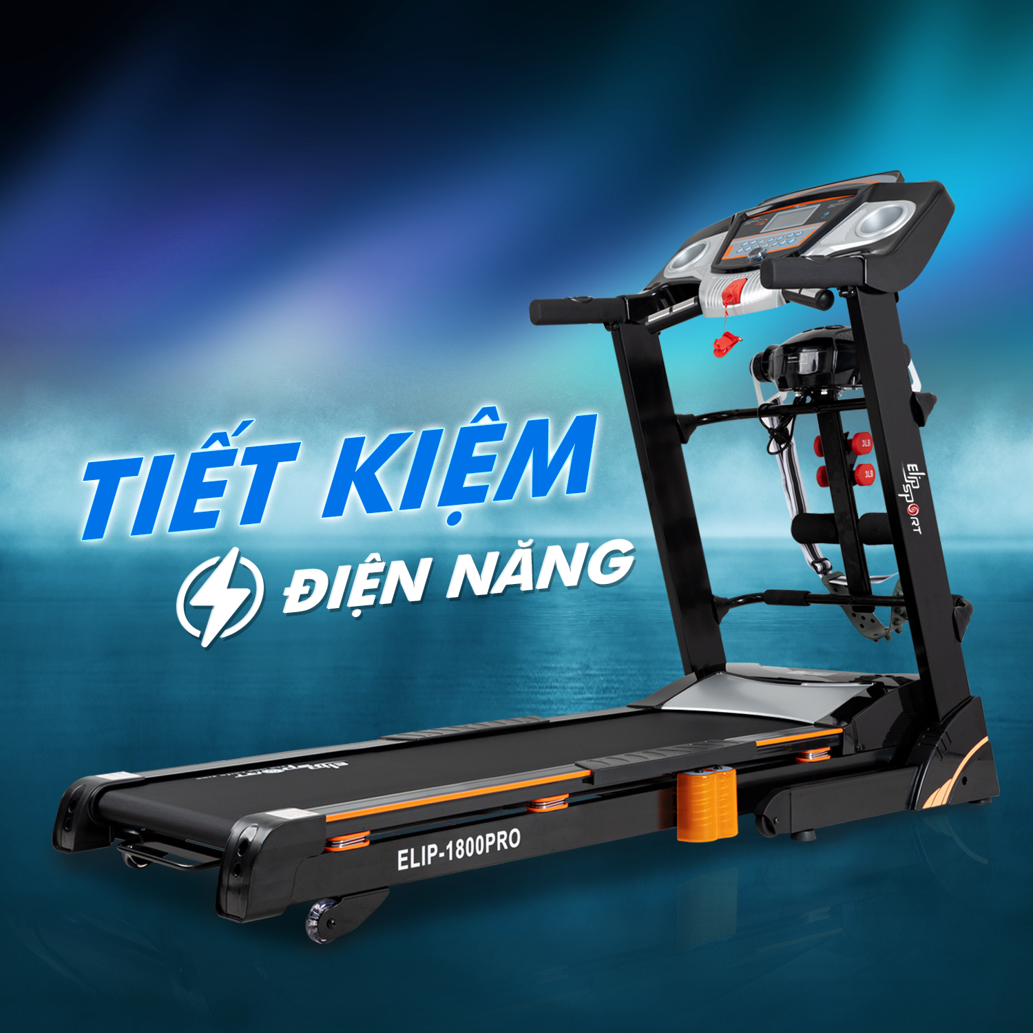 Máy Chạy Bộ ELIP 1800 động cơ 3.0HP, Nâng dốc tự động, Có đai massage, tạ tay, thanh gập bụng