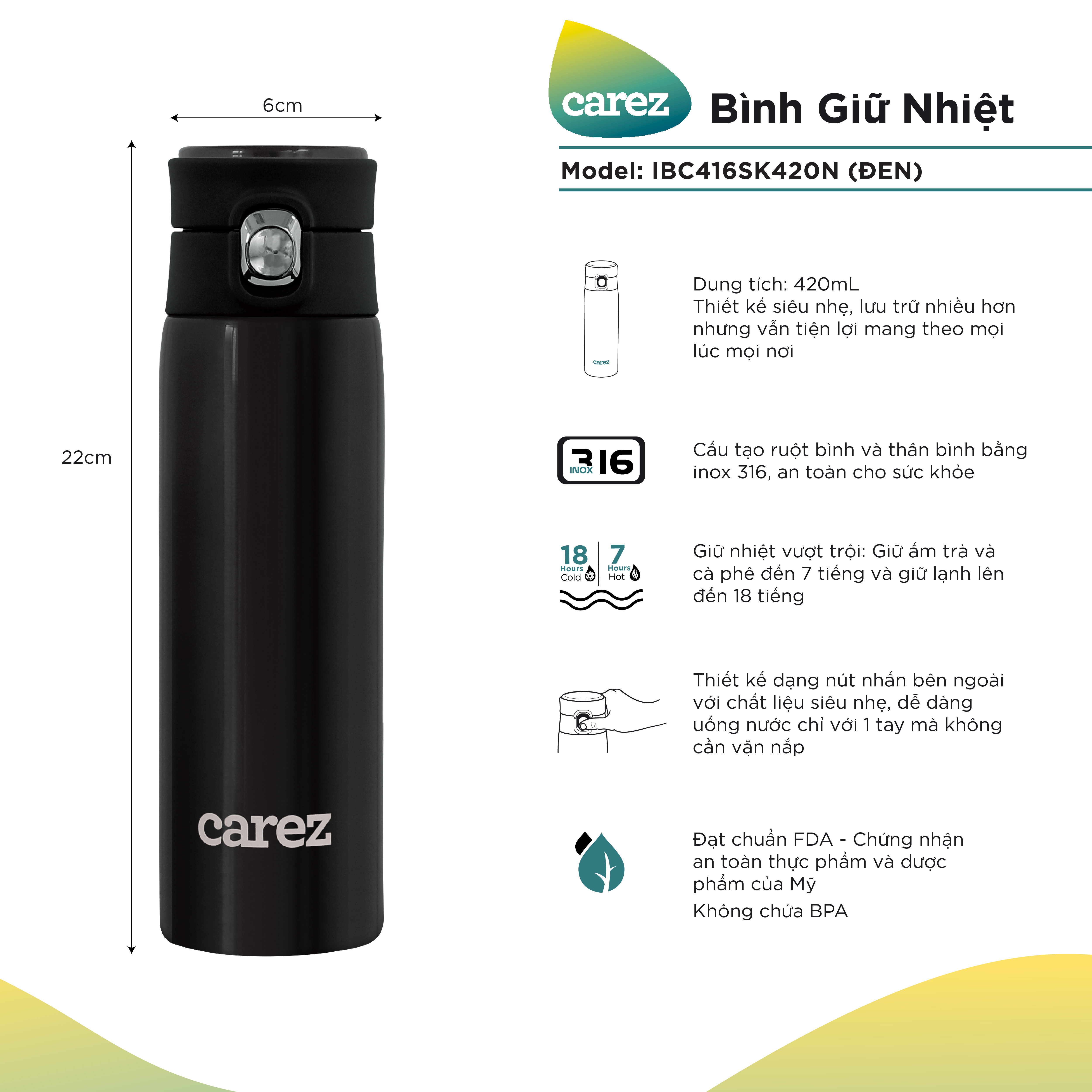 BÌNH GIỮ NHIỆT CAREZ IBC416 ( 420ml - FDA, BPA Free) - Hàng chính hãng