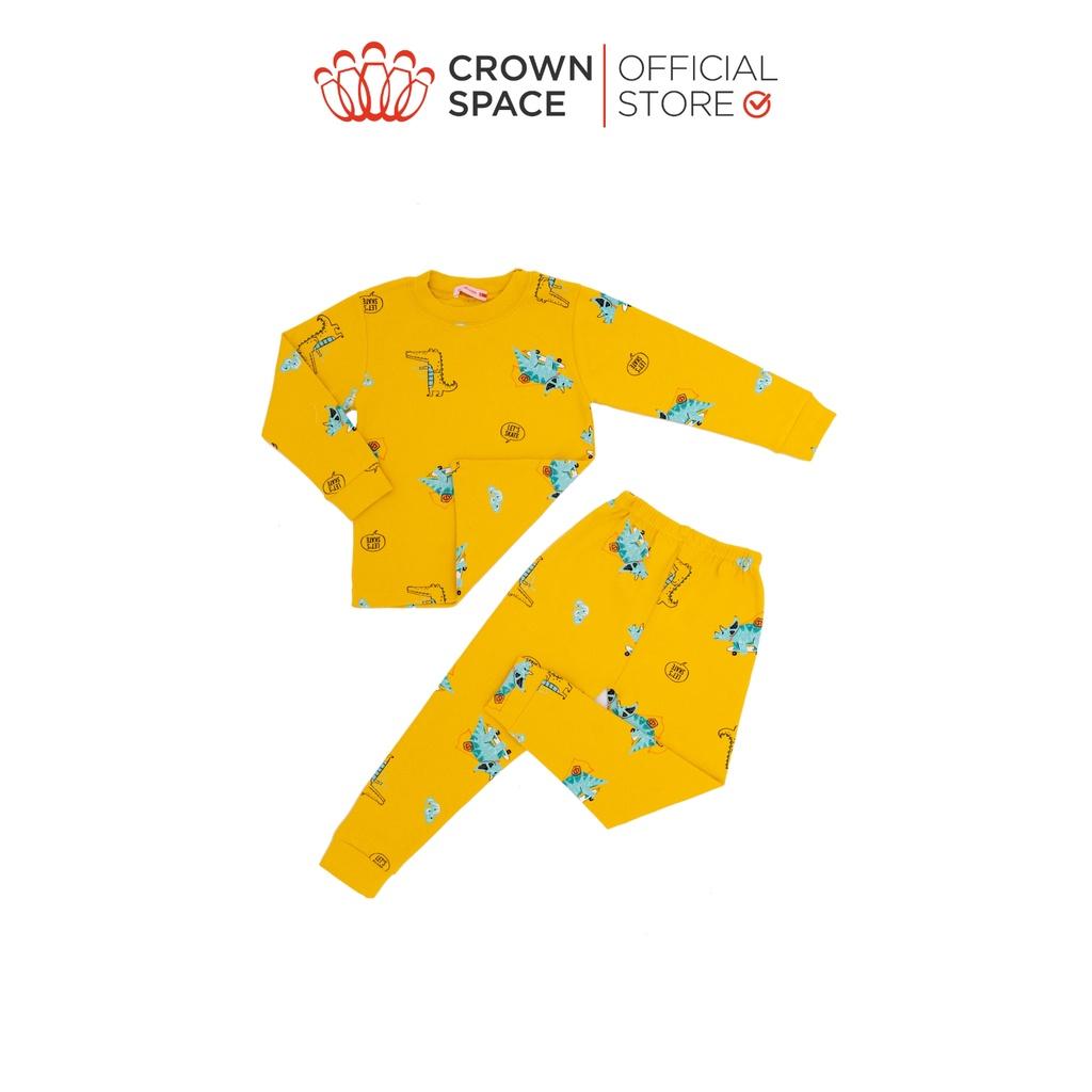 Bộ Mặc Nhà Dài Tay Bé Trai Crown Space Cao Cấp Vàng Pastel - Cotton Thoáng Mát Hình Khủng Long CKBL5911708 Size 19-27Kg