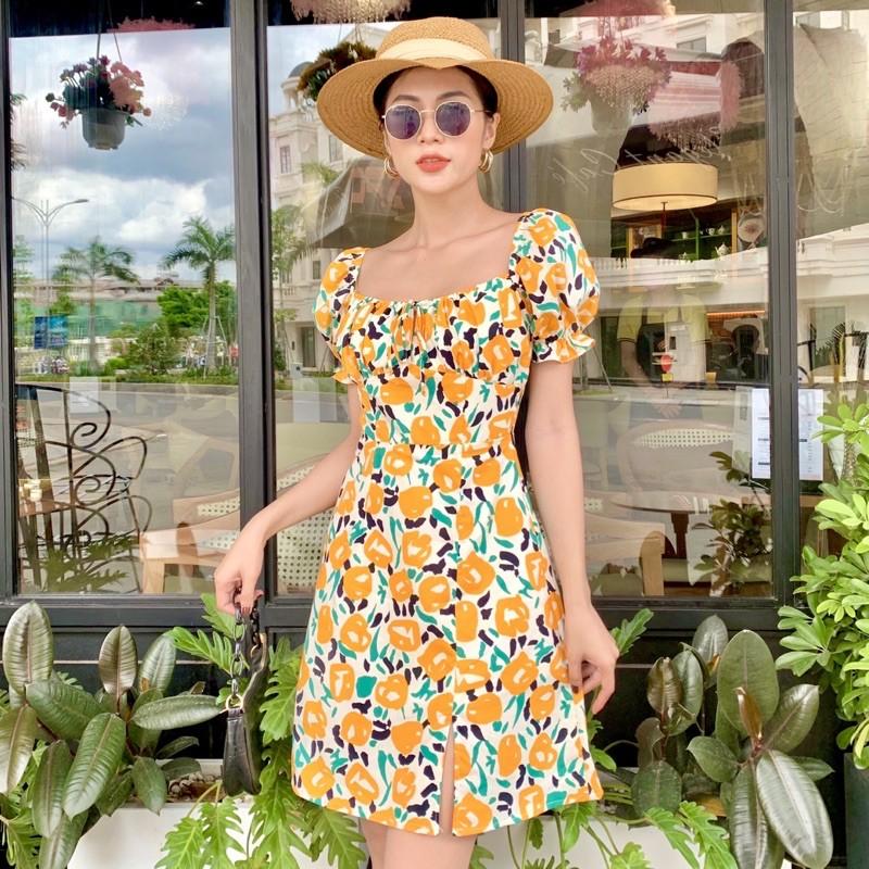 Đầm hoa ngắn chữ A thắt nơ ngực - Audrey Studio