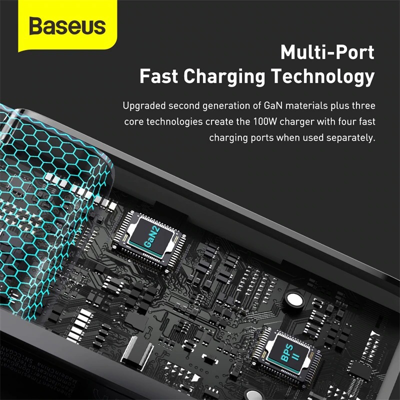 Hình ảnh Bộ sạc nhanh Baseus GaN2 Pro Quick Charger 4 Ports (100W, Type C*2 & USB*2, PD/ QC3.0/ QC4+/ PPS/ SCP/ FCP/ AFC/ Apple 2.41/ BC1.2, Multi Quick charge protocol support) - Hàng Chính Hãng