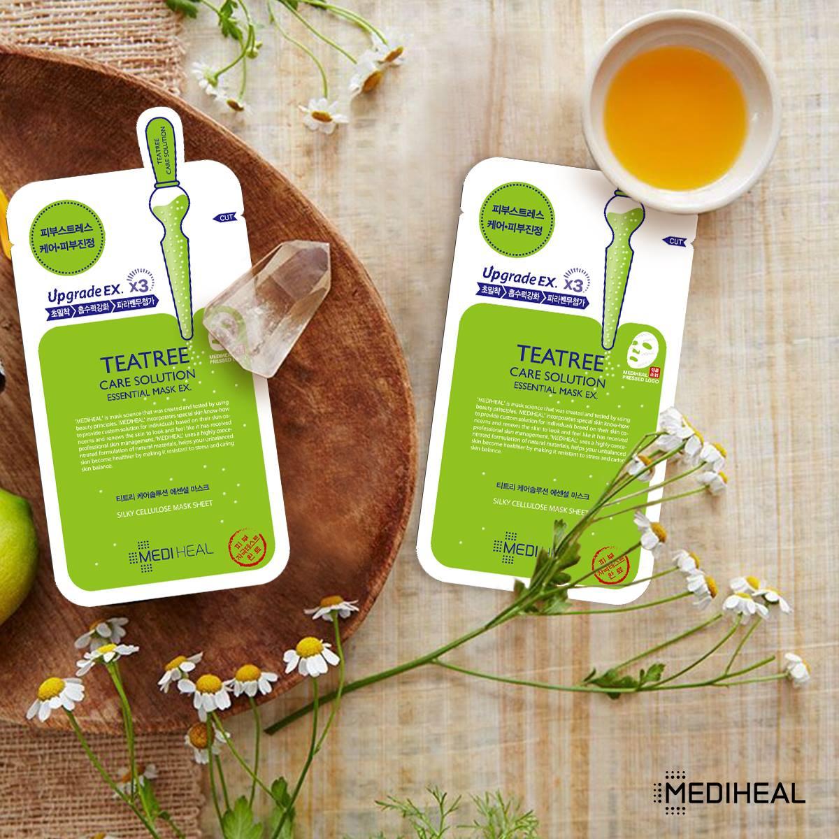 Hộp 10 Mặt nạ dưỡng da giảm mụn chiết xuất tràm trà Mediheal Teatree Solution Essential Mask Ex 25ml x10 + Tặng 1 Băng Đô Tai Mèo Xinh Xắn