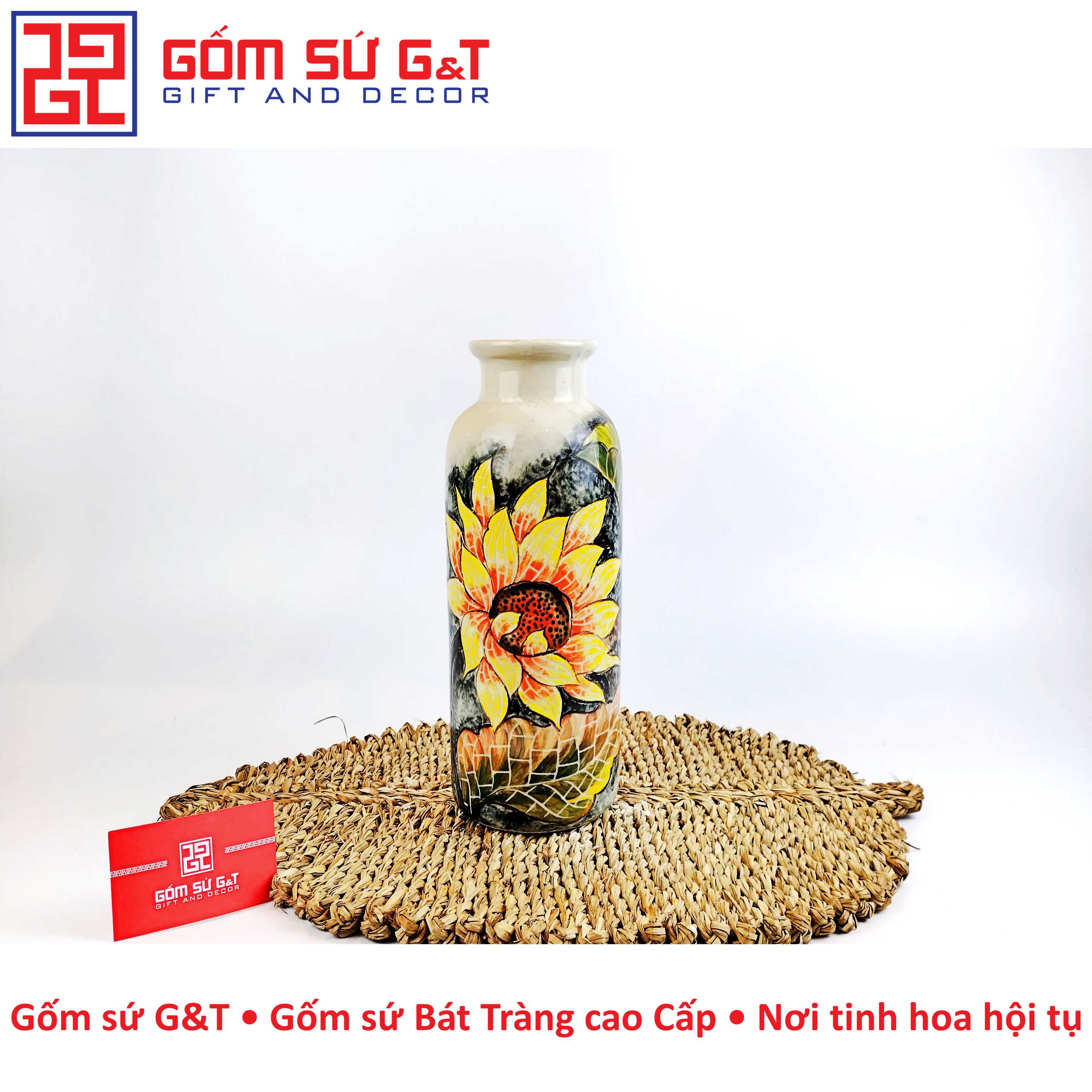 Lọ hoa dáng phích miệng gập vẽ hoa hướng dương Gốm Sứ G&T