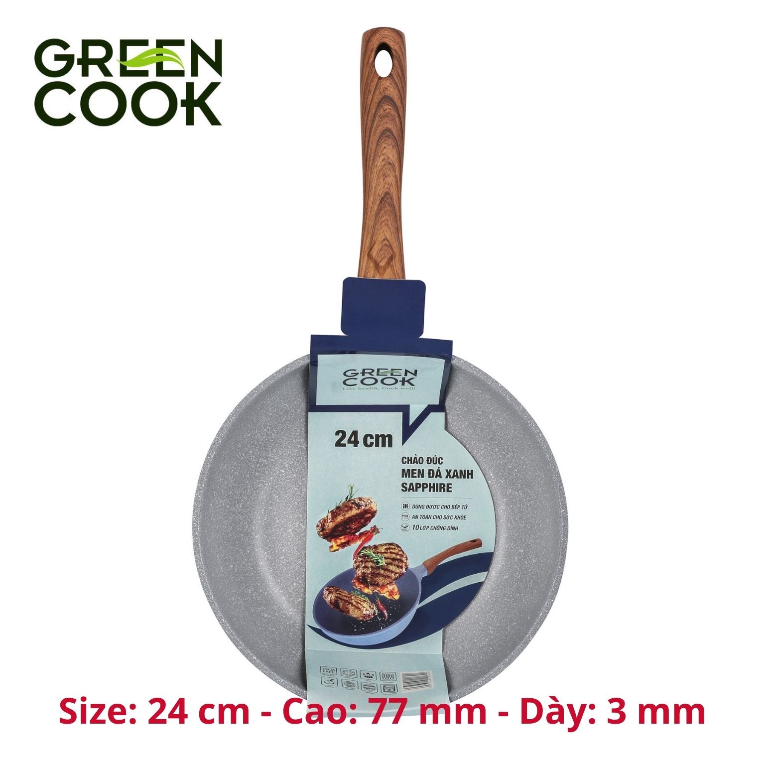 Chảo chống dính đáy từ, chảo đúc men đá xanh sapphire Green Cook GCP09 công nghệ Hàn Quốc_Hàng chính hãng