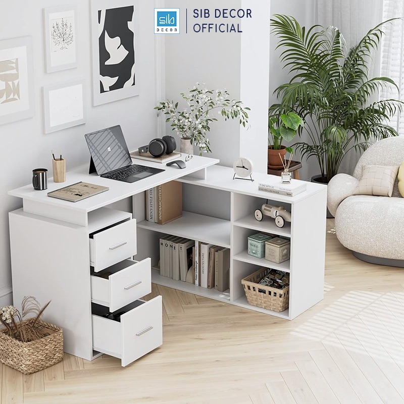 Bàn Làm Việc Góc Chữ L Có 3 Ngăn Kéo Màu Trắng BLV85 Thương Hiệu SIB Decor