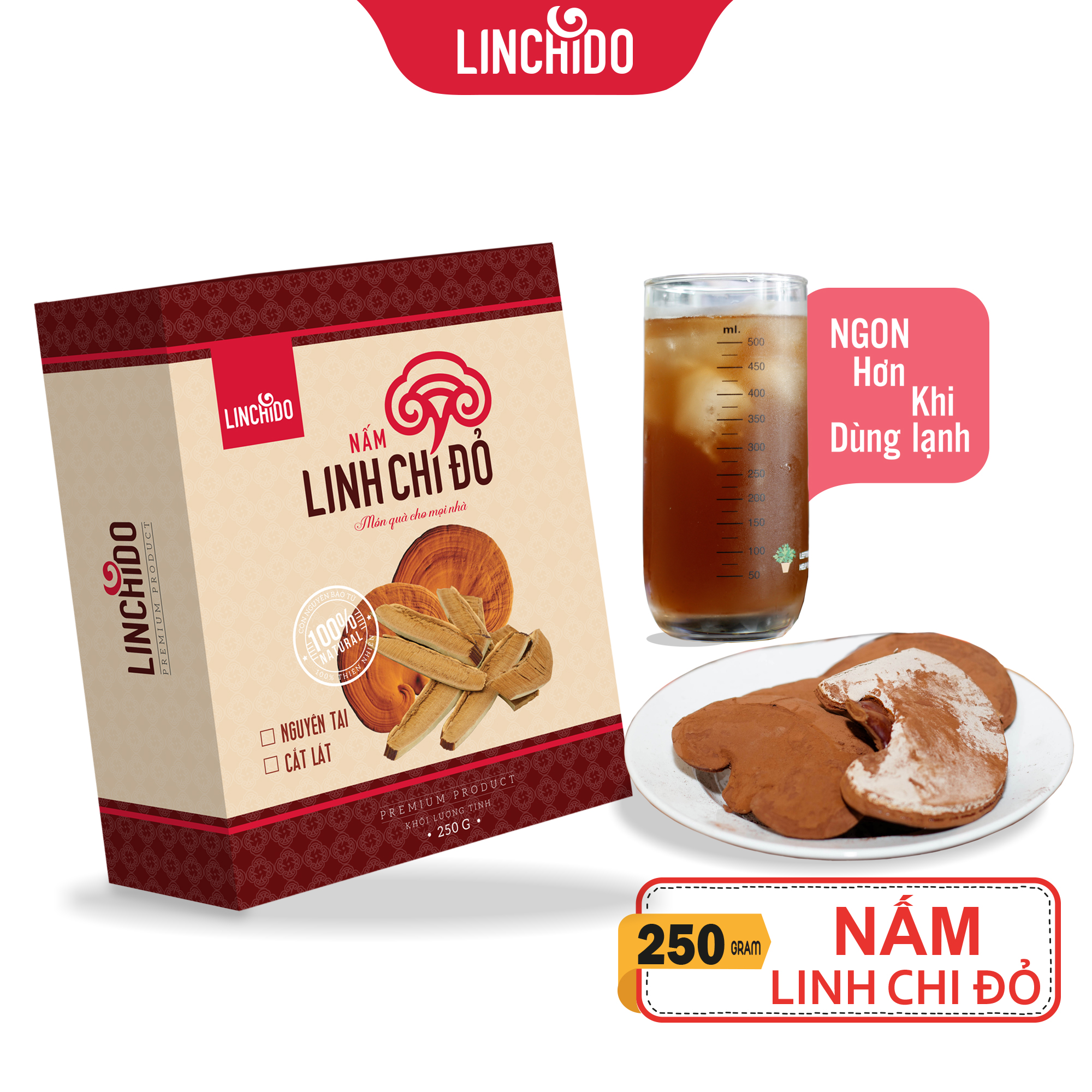 COMBO 4 HỘP NẤM LINH CHI NGUYÊN TAI 250 GRAM CÒN NGUYÊN BÀO TỬ