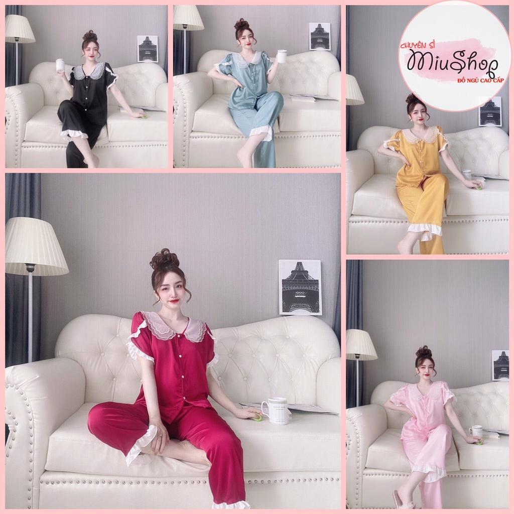 Đồ bộ lụa satin cai cấp cổ 3 lá phối ren tay ngắn quần dài dễ thương đồ ngủ lụa satin có tay freesize