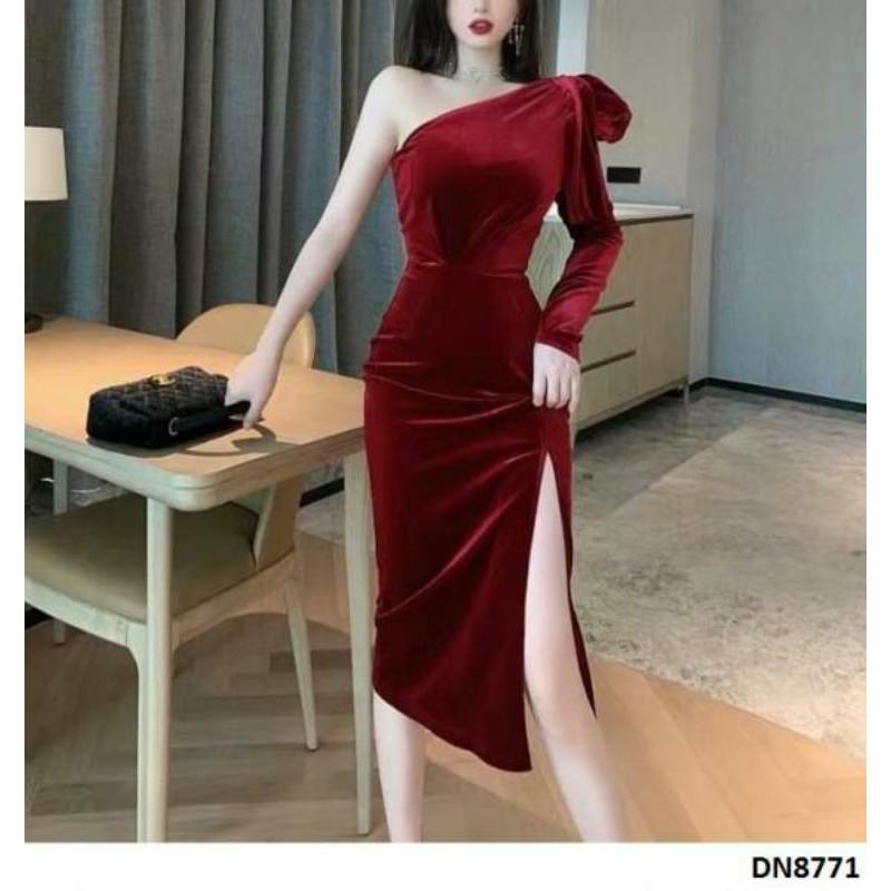 đầm body lệch vai tay dài xẻ tà sexy