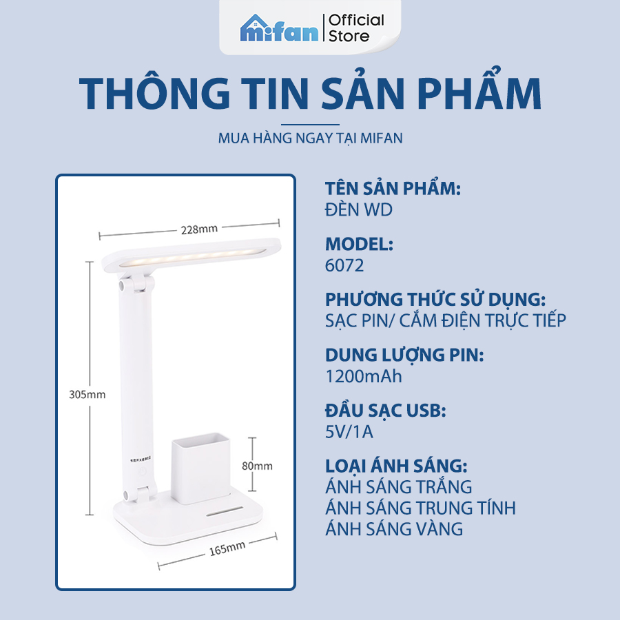 Đèn học để bàn chống cận tích điện Weidasi 6072 - LED bảo vệ mắt chống cận thị - Thiết kế thông minh gọn gàng tích hợp hộp bút và đế giữ điện thoại