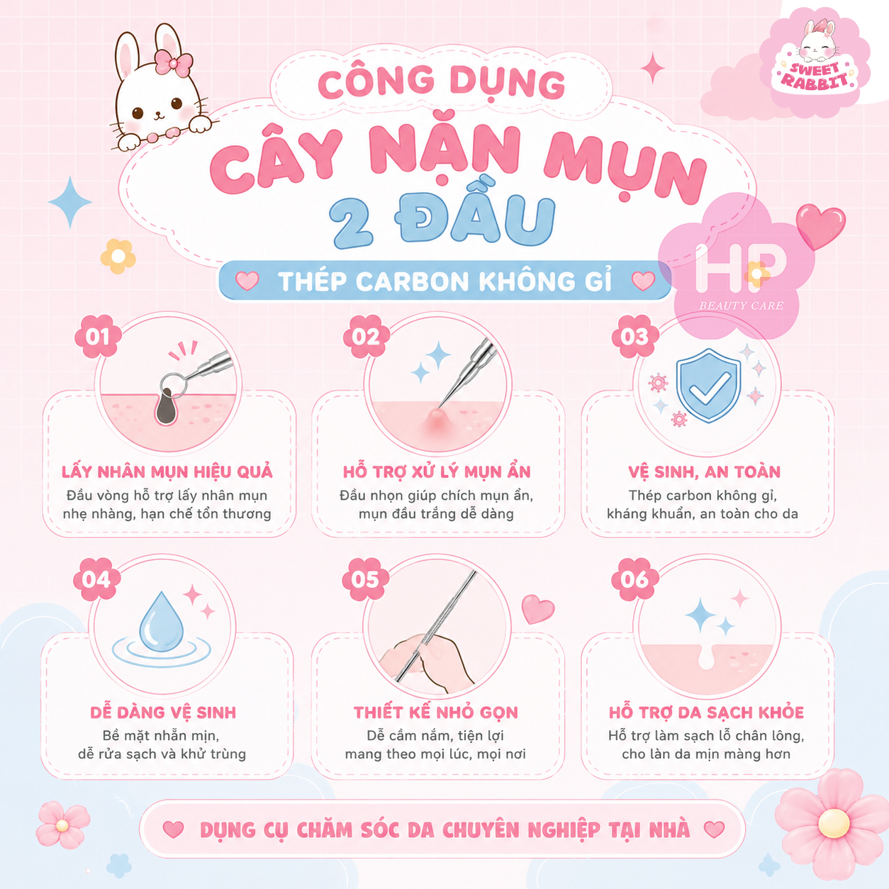 Cây Nặn Mụn 2 Đầu Thép Carbon Không Gỉ Comedone Extrator (01 Cái)