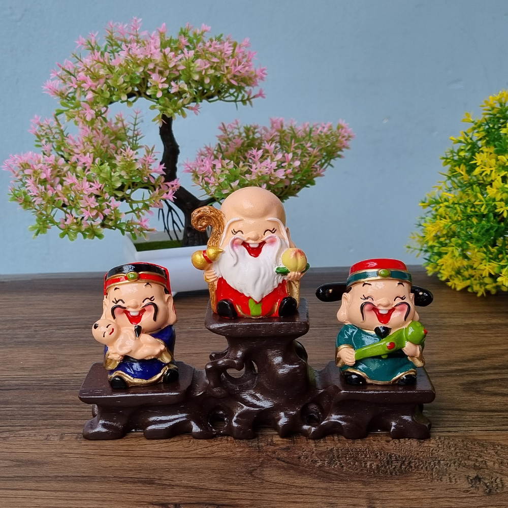 Bộ 03 tượng Tam Đa 6cm kèm chân đế tam cấp vuông nhỏ - tặng kèm túi 50 xu vàng may mắn