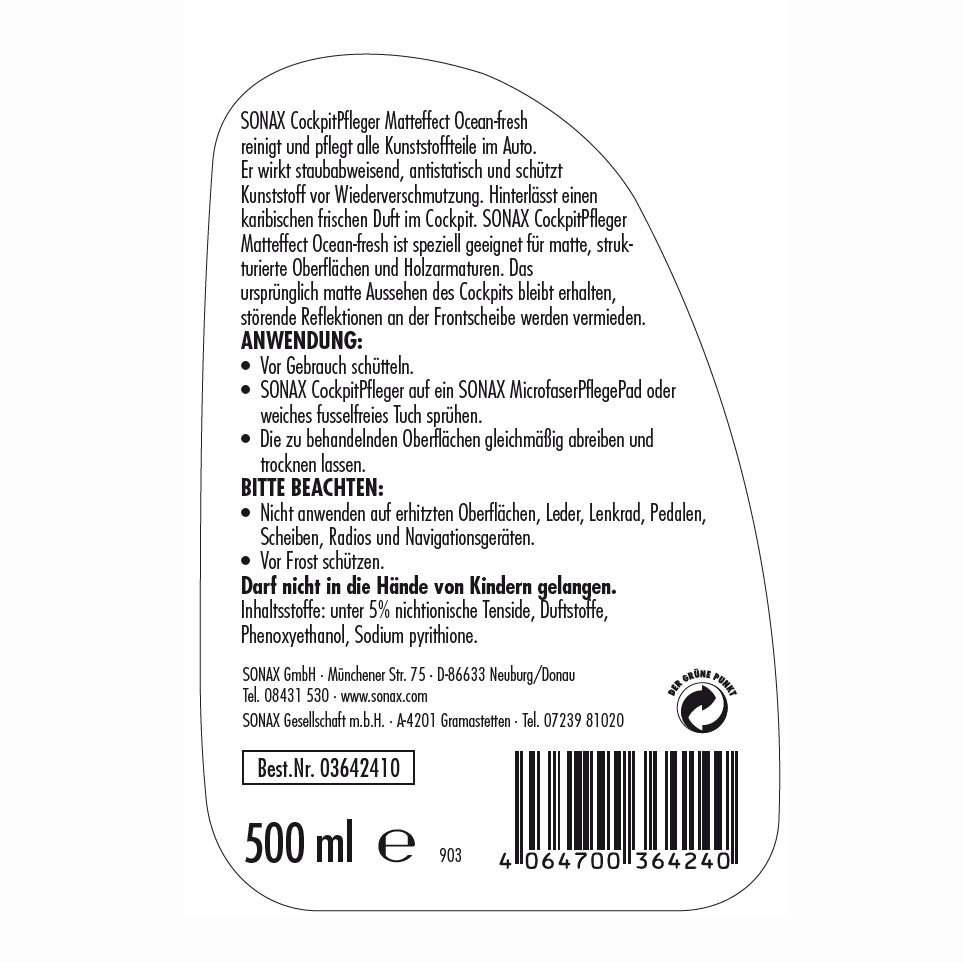 Bảo dưỡng, làm sạch nhựa trong. Mùi Đại Dương Ca- ri-bê ban mai SONAX Cockpit Spray Matt Effect Ocean-fresh 364241
