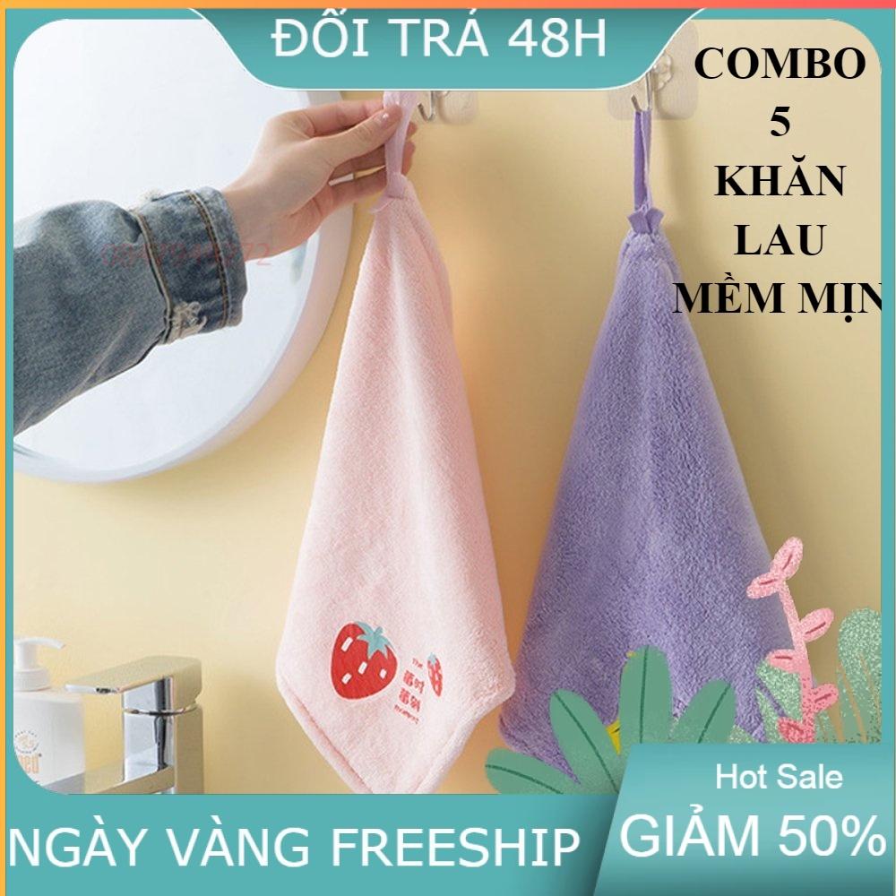 SET 5 Khăn lau tay COTTON nhà bếp siêu thấm nước có móc treo tiện lợi, KÍCH THƯỚC 30x30cm, độ bền cao, mềm mại nhanh khô