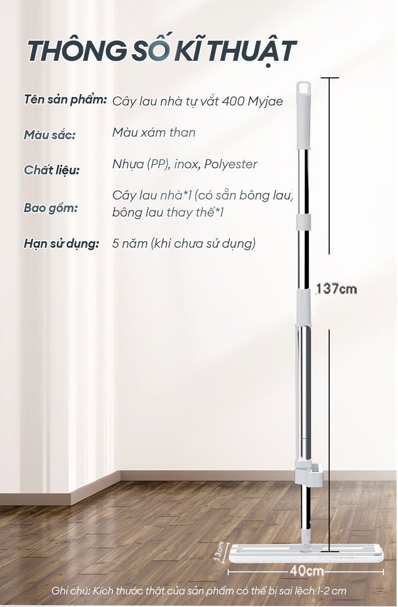 Cây Lau Nhà Vải Sợi Thần Kì Kéo Vắt Thông Minh Bản Lau To 40cm Tiết Kiệm Thời Gian MyJae