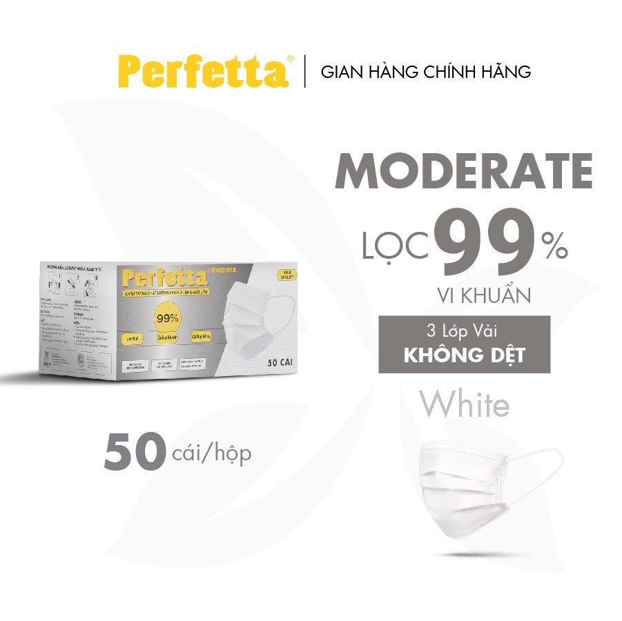 [1 HỘP - PERFETTA MODERATE] - Khẩu Trang Y Tế Chất Lượng Cao, Kháng Khuẩn, Chống Bụi Mịn, Màu Trắng, 3 Lớp, Bảo Vệ Tối Ưu - (50 cái/ hộp)