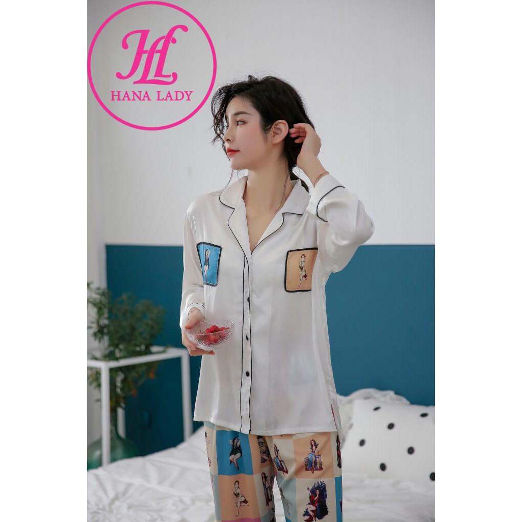 Pijama lụa nữ cao cấp, đồ ngủ mặc nhà họa tiết cô gái sang chảnh chuẩn form dáng cực xinh PJ053