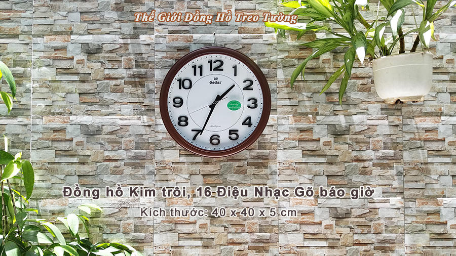 ĐỒNG HỒ TREO TƯỜNG CÓ NHẠC ĐƯỜNG KÍNH 40CM, 16 ĐIỆU NHẠC GÕ BÁO GIỜ, ĐỒNG HỒ KIM TRÔI, SỐ NỔI 3D (VIỀN NÂU MẶT TRẮNG)