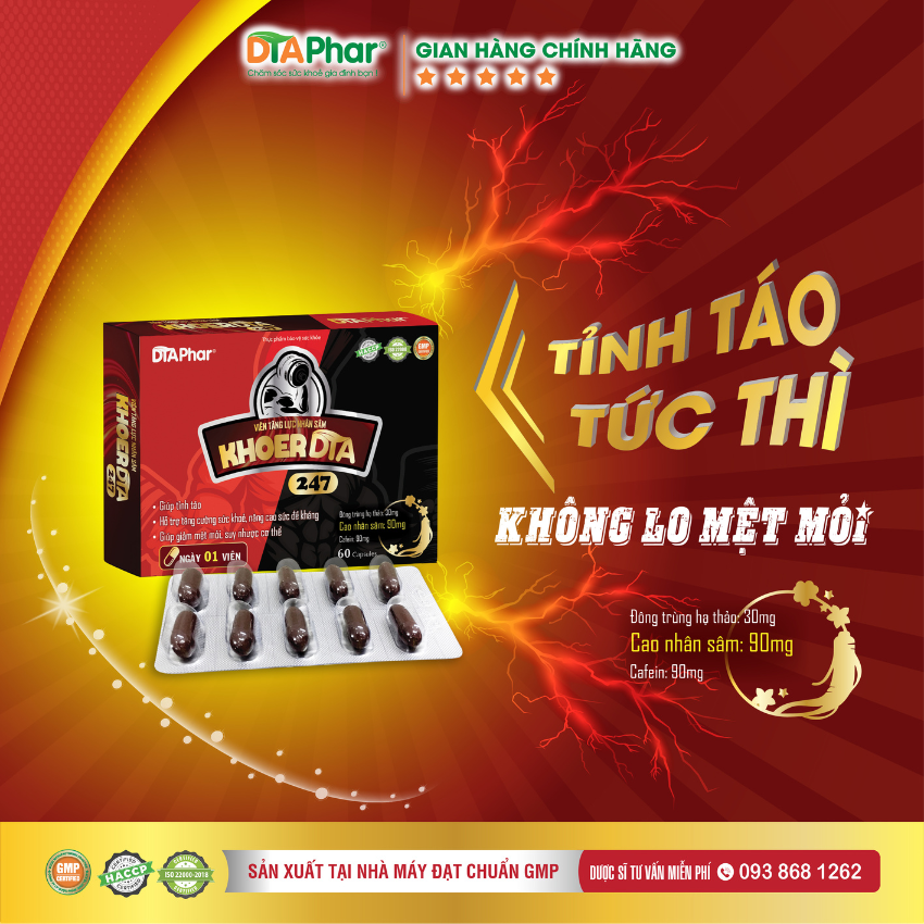 Viên uống tăng lực Khoer DTAPhar Giúp tỉnh táo Hỗ trợ tăng cường sức khoẻ, nâng cao sức đề kháng giảm mệt mỏi suy nhược cơ thể Hộp 60 viên