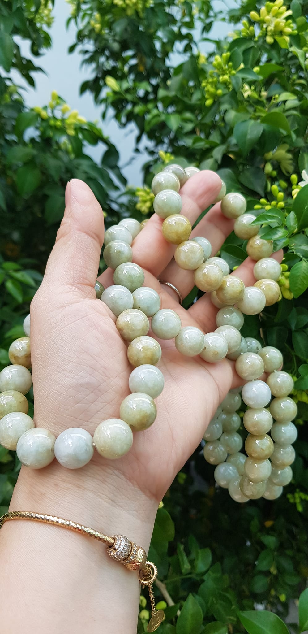 Vòng tay chuỗi nam nữ đá cẩm thạch tự nhiên trắng vàng bóng ngời Vòng size hạt 13mm Màu trắng vàng đất nhẹ bóng mượt thiệt đẹp ạ